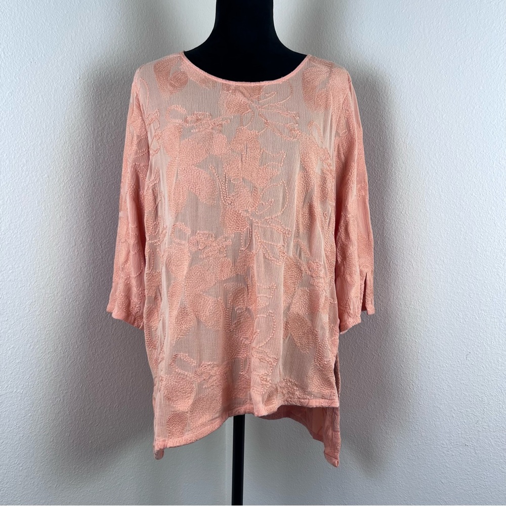 Soft Surroundings Shirt Womens Large Peach Cecile Floral Embroidery Boho
